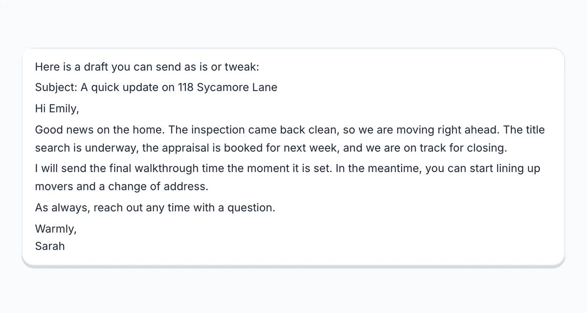 A drafted email, ready to edit.