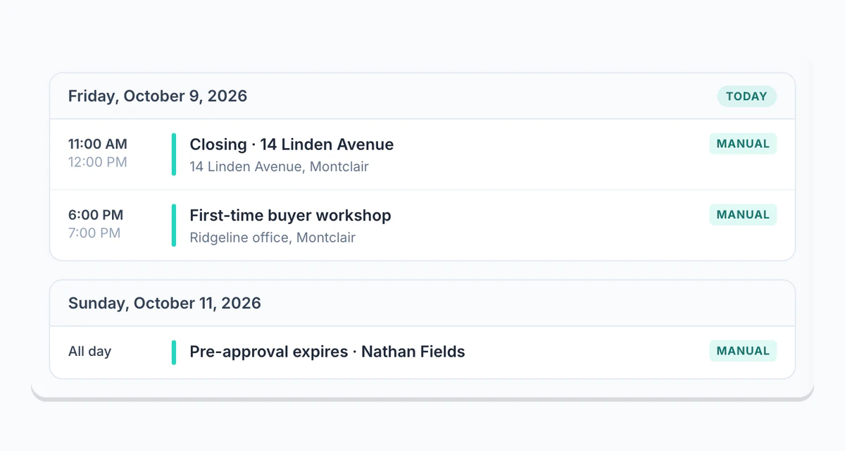 A loan officer's calendar with a deal date, a pre-approval expiry date and an event they host.