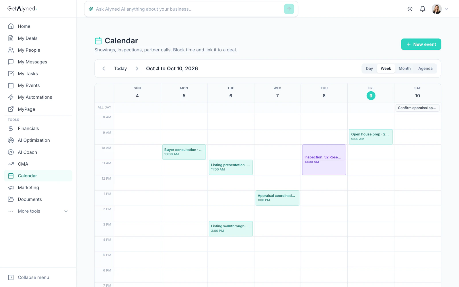A week with a deal date, an appointment and a few tasks.