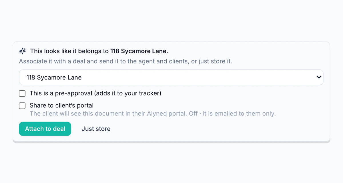 The attach-to-a-deal step after a loan officer uploads a file.