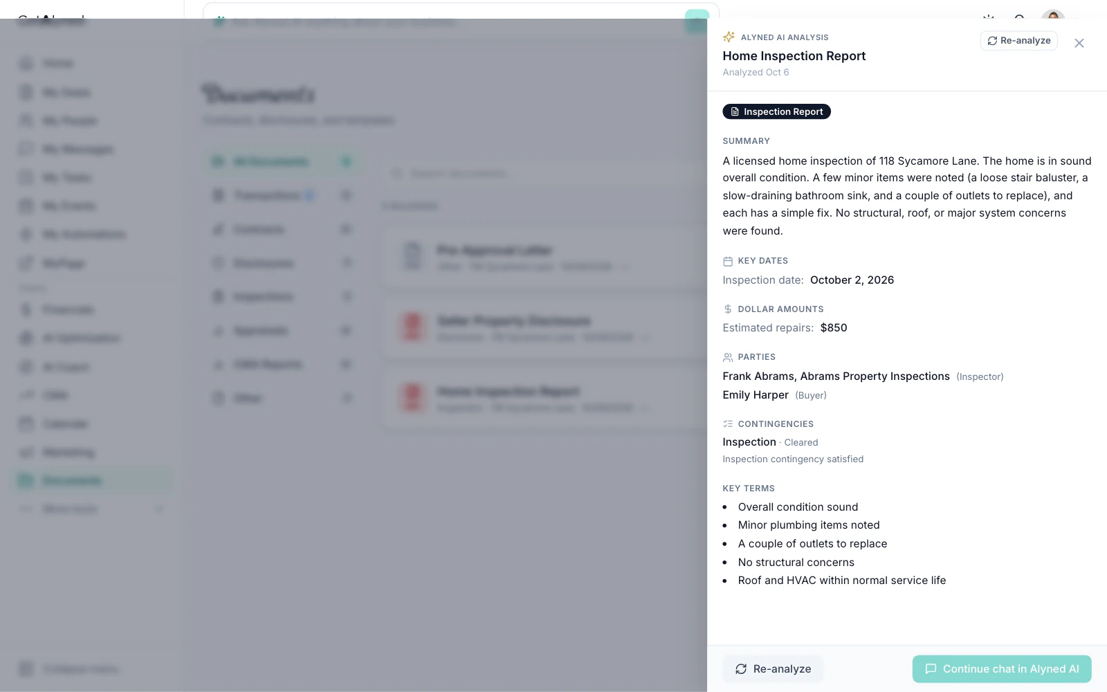 The Documents page with its folders and one file open to the AI panel.