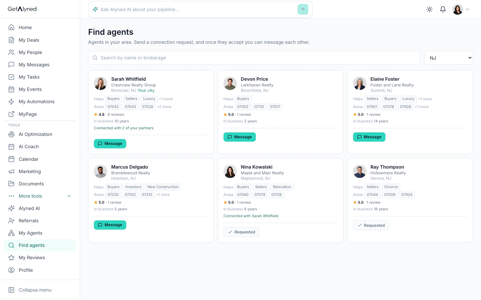 Agent search results, nearest city first.