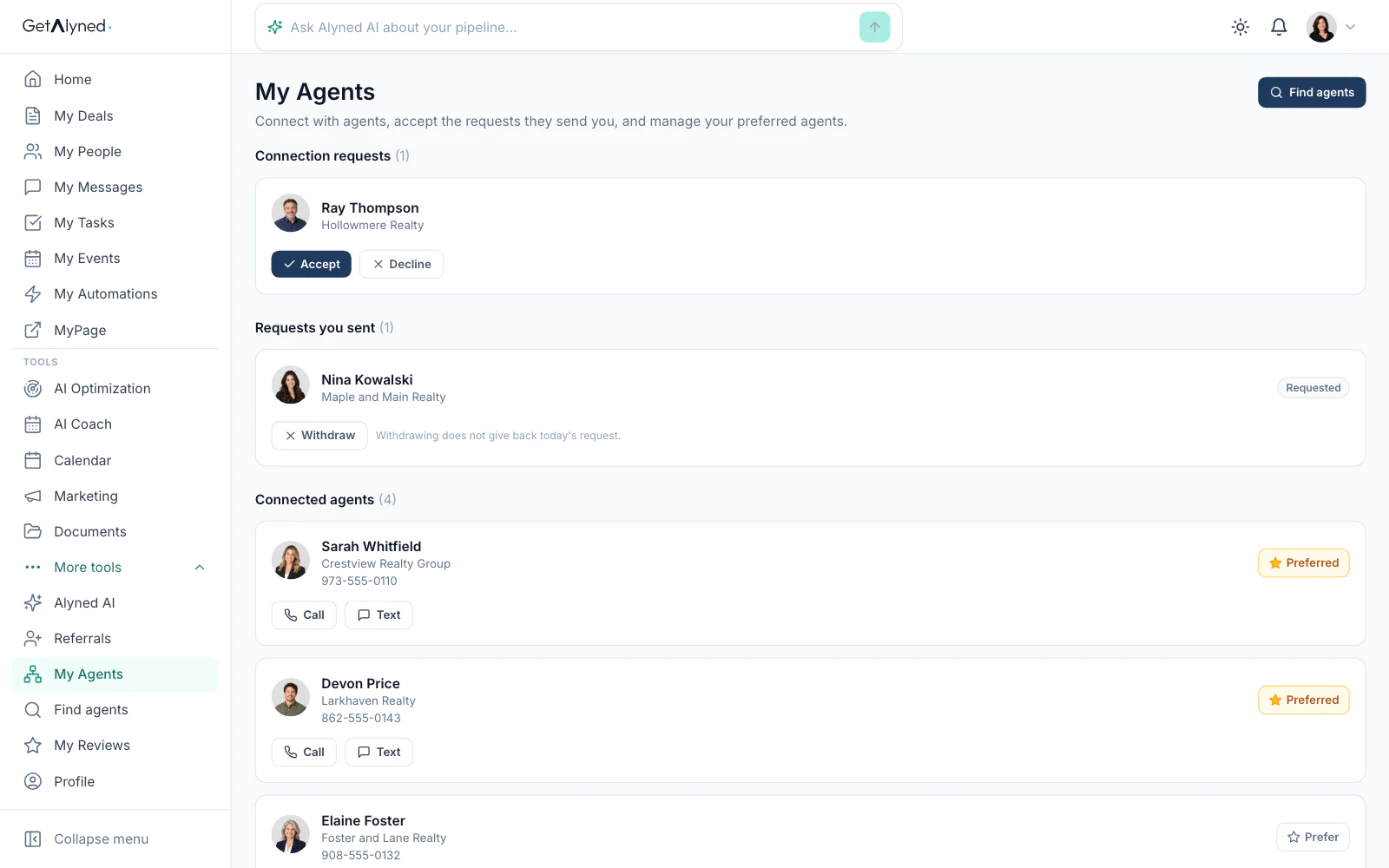 The list of connected and referring agents.