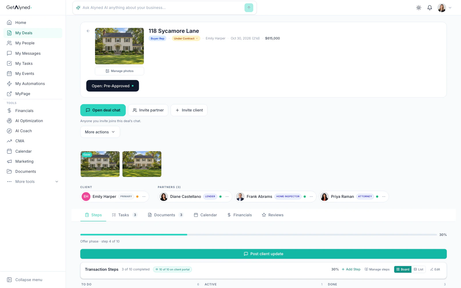 The demo deal from the top: its photos, client and partners, and the start of its steps.