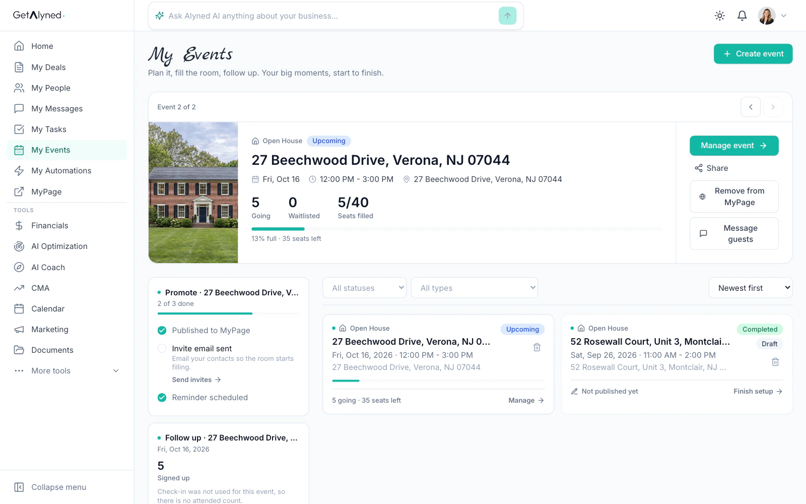 The events page with the next event at the top.
