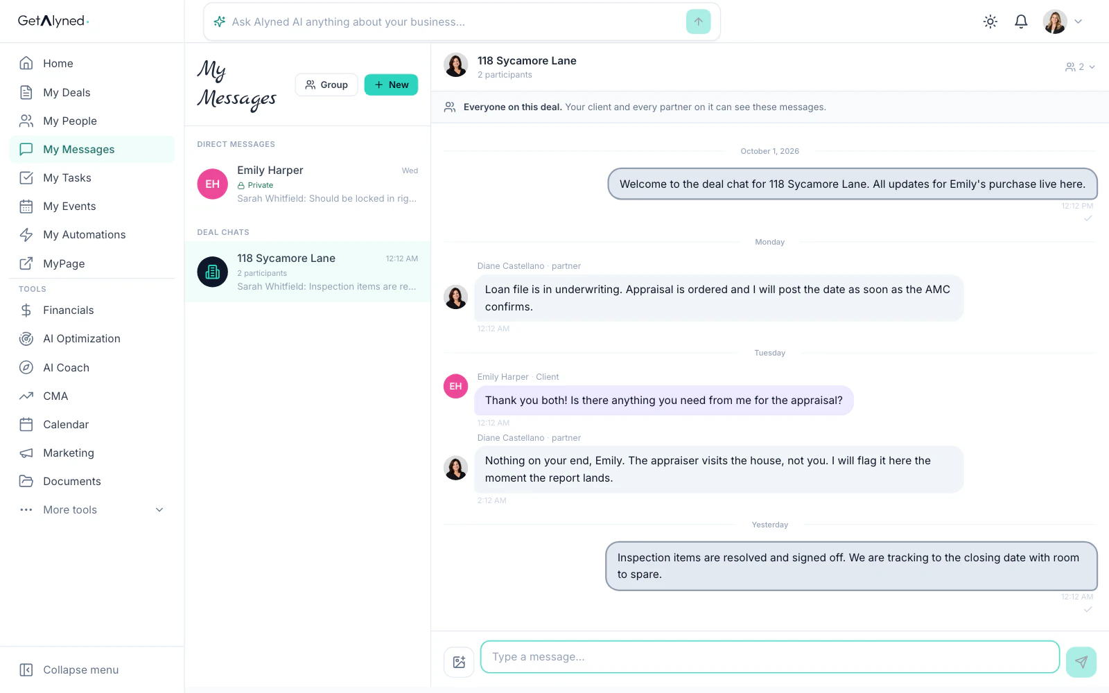 A deal chat with the agent, the loan officer and the client in it.