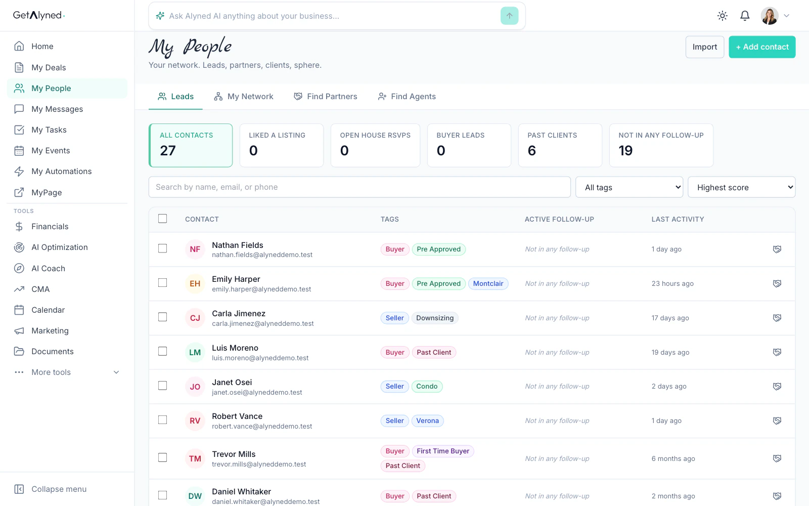 The contact list, sorted by score, with each contact's tags and follow-up.