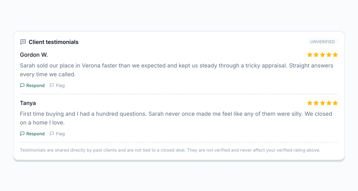 The client testimonials section, shown but marked unverified.