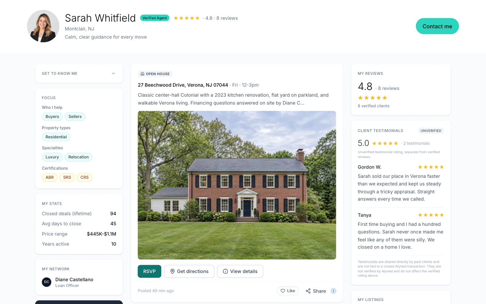 The demo agent's public page with a post and a listing.