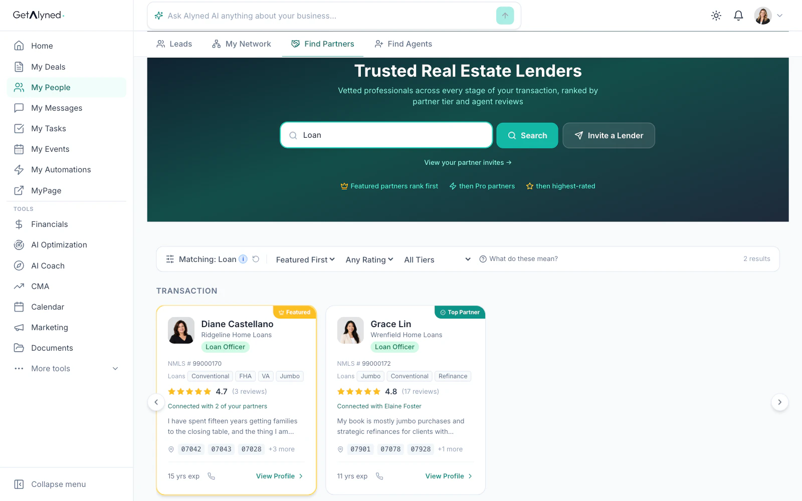 Partner search result cards, with the Featured loan officer first.