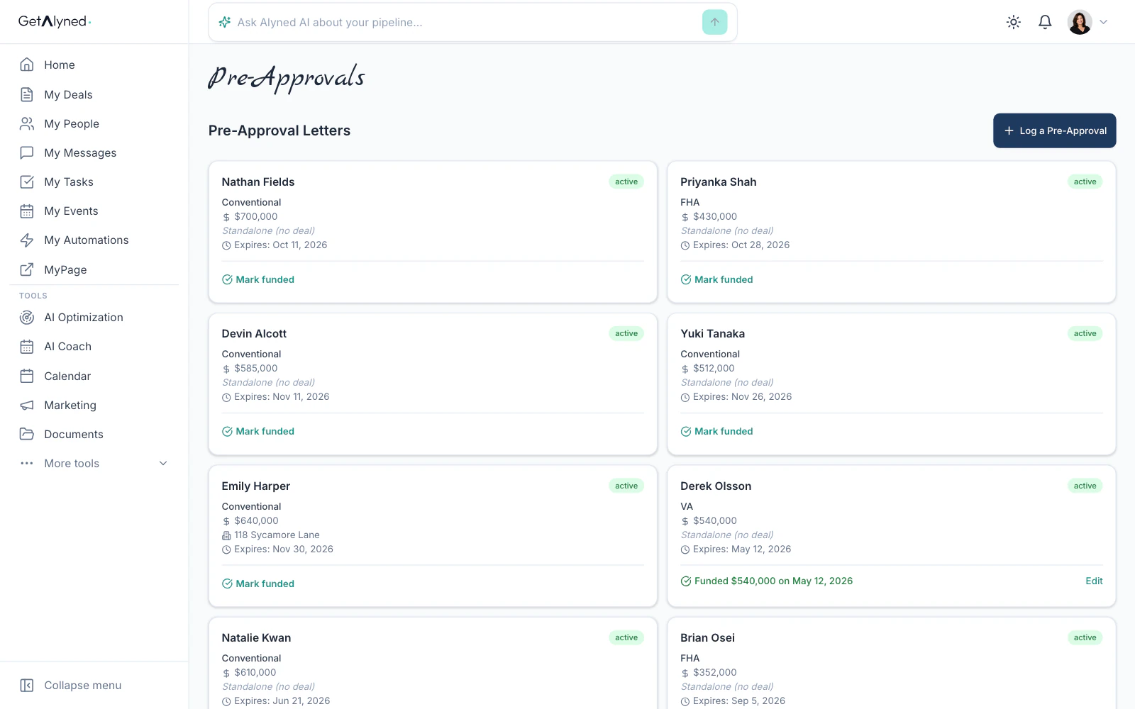 The pre-approval letters list, active letters first, soonest expiry at the top.