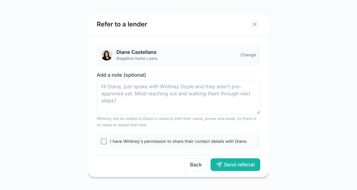 The Refer to a lender window, with the chosen loan officer, a note and the permission box.